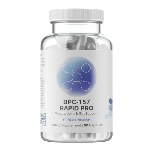 Supplement bottle labeled 'BPC 157 Rapid Pro' with a white lid on a white background
