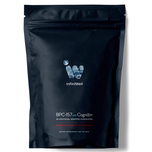 Supplement bag labeled 'BPC 157 chocolates' on a blue bag