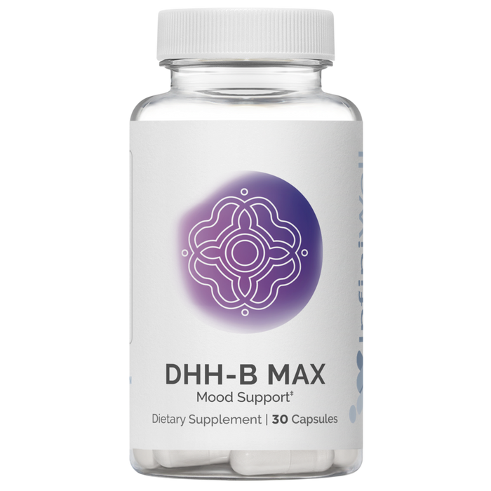 Supplement container labeled 'DHH-B Max' with a white lid on a white background