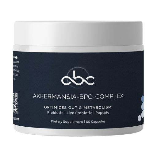 Supplement container labeled 'Akkermansia-BPC-Complex' with a white lid on a white background
