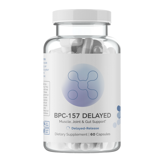 Supplement container labeled BPC-157 Delayed with a while label on a clear bottle with a white lid