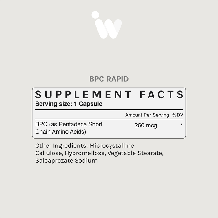 Supplement facts label for BPC-157 Rapid on a light gray background