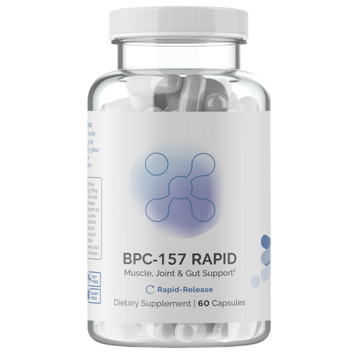 Supplement bottle labeled 'bpc 157 rapid with a white lid on a clear bottle and white and blue label 