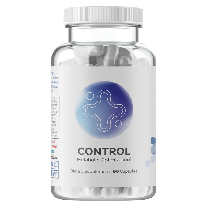 Supplement bottle labels Control with a white lid a white and blue background 