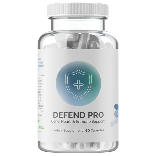 Supplement bottle that is labeled ' defend pro' on a white background and white lid