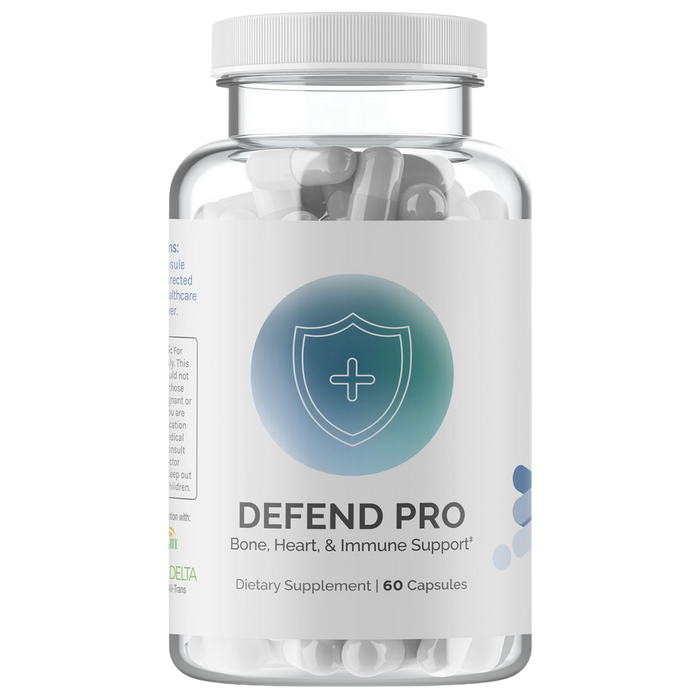 Supplement bottle that is labeled ' defend pro' on a white background and white lid