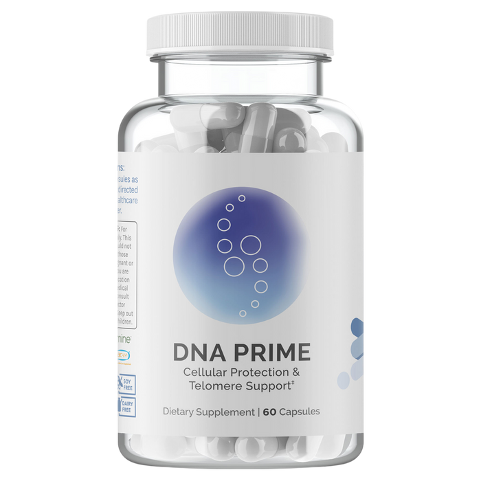 Supplement container labeled 'DNA Prime' with a white lid on a white background