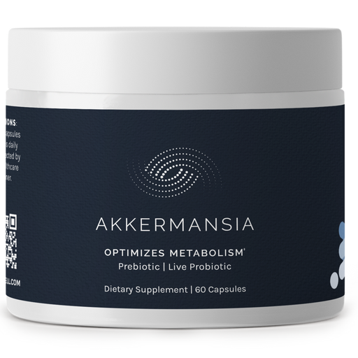 A container of Akkermansia dietary supplement with a dark blue label and silver lid.