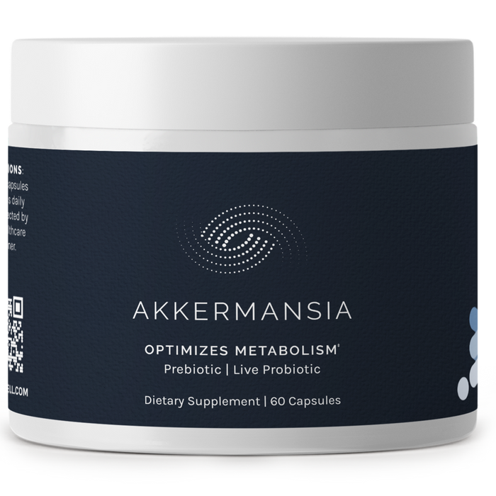 A container of Akkermansia dietary supplement with a dark blue label and silver lid.