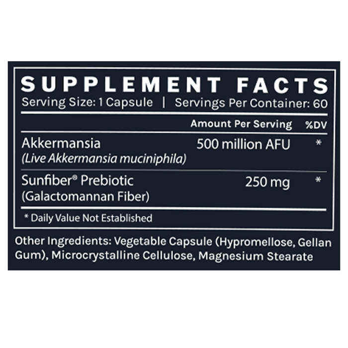 Ingredients label for Akkermansia that is dark blue with white text 