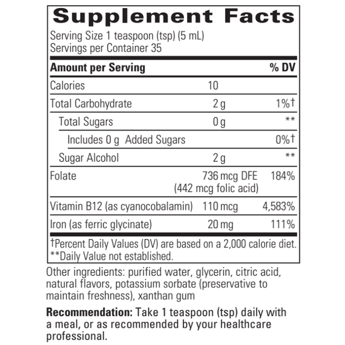 Integrative Therapeutics Liquid Iron 6 oz supplement facts label