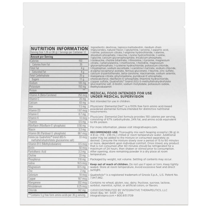 Integrative Therapeutics Physicians' Elemental Diet 15.23 oz nutrition information label
