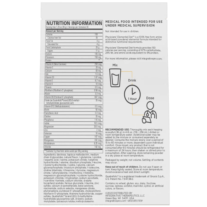 Integrative Therapeutics Physicians' Elemental Diet 45.71 oz nutrition information label