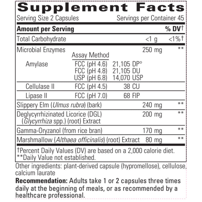 Integrative Therapeutics Similase Sensitive Stomach 90 vegetarian capsules supplement facts label