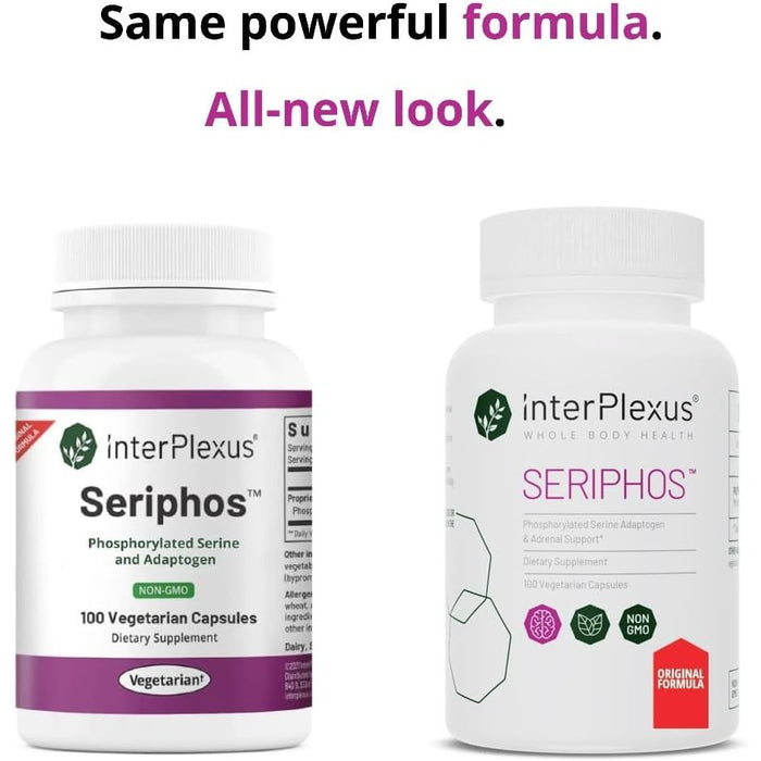InterPlexus Seriphos 100 veg capsules, new and old bottle designs side by side
