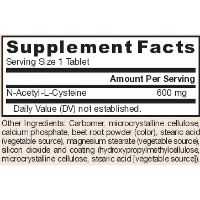 Jarrow Formulas N-A-C Sustain 600 mg 60 tablets supplement facts label