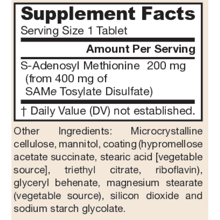 Jarrow Formulas SAM-e 200 mg 60 tablets supplement facts label