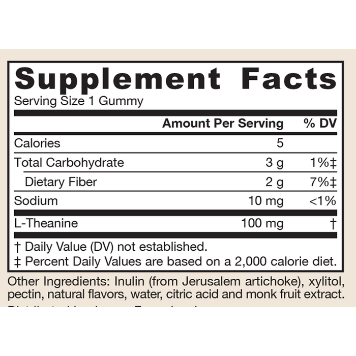 Jarrow Formulas Theanine Gummies 100 mg 60 gummies supplement facts label