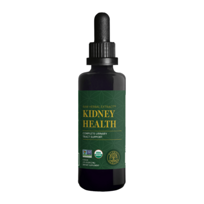 Bottle of kidney health supplement with dropper on a white background