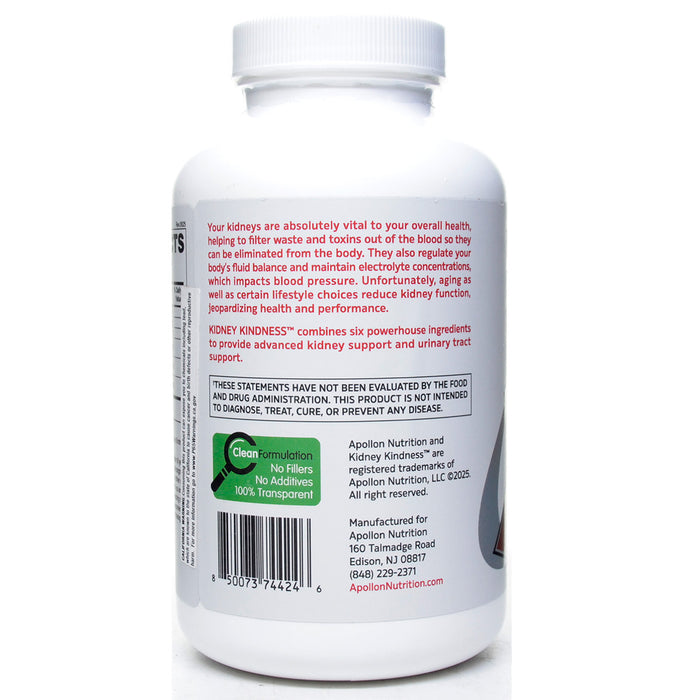 The back of a white plastic bottle of Koney Kindness Kidney Support liquid supplement, showing the detailed product information, barcode, and green 'Clean Label' badge on a white background.