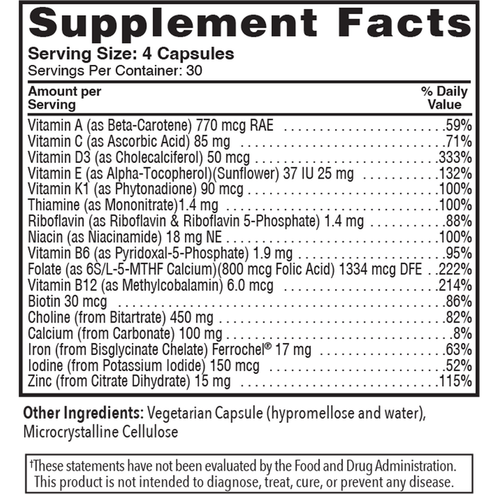 Kirkman Labs P2i Prenatal with Choline 120 capsules supplement facts label