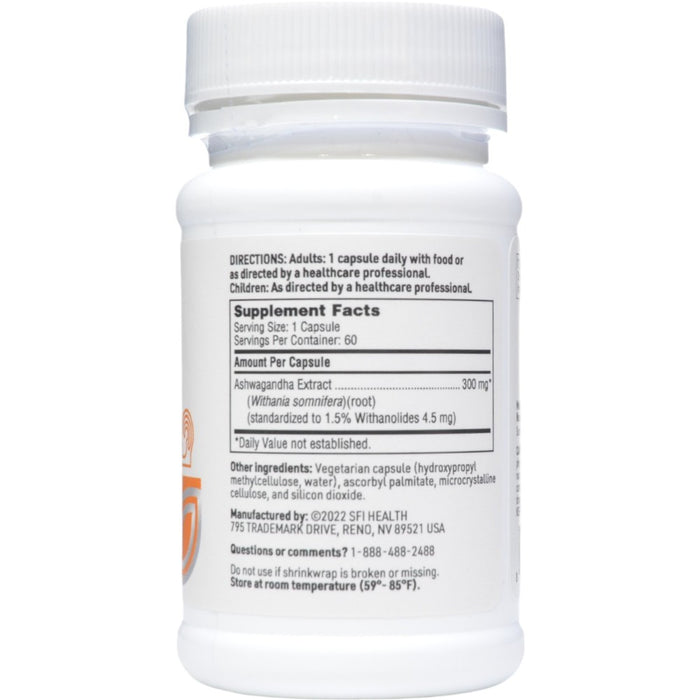 Klaire Labs/SFI Health Ashwagandha Extract 300 mg 60 capsules supplement facts label