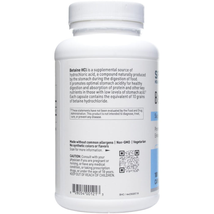 Klaire Labs/SFI Health Betaine HCL 648 mg 100 capsules label information panel