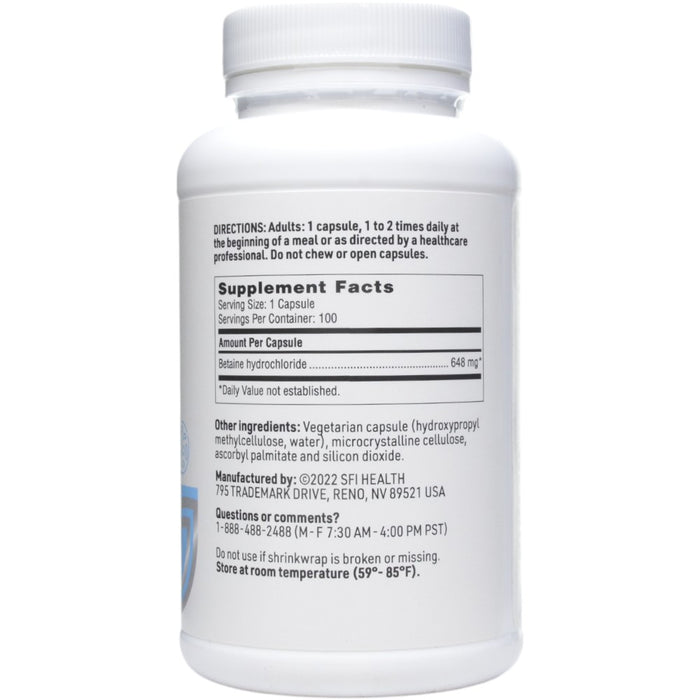 Klaire Labs/SFI Health Betaine HCL 648 mg 100 capsules supplement facts label