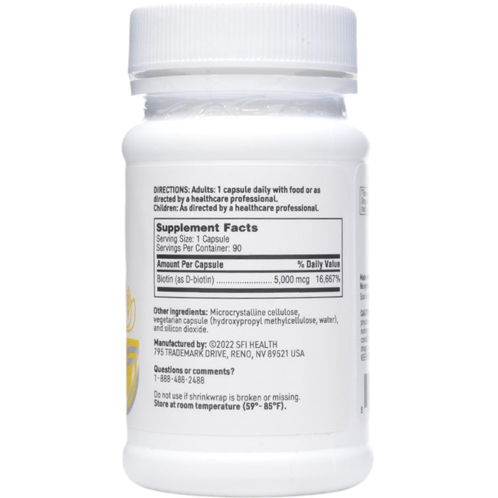 Klaire Labs/SFI Health Biotin 5000 mcg 90 capsules supplement facts label