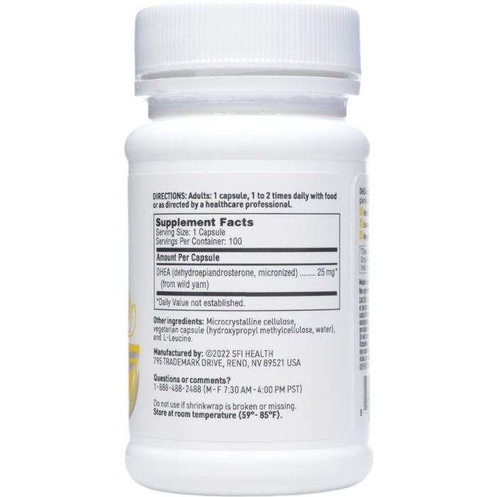 Klaire Labs/SFI Health DHEA 25 mg 100 capsules supplement facts label