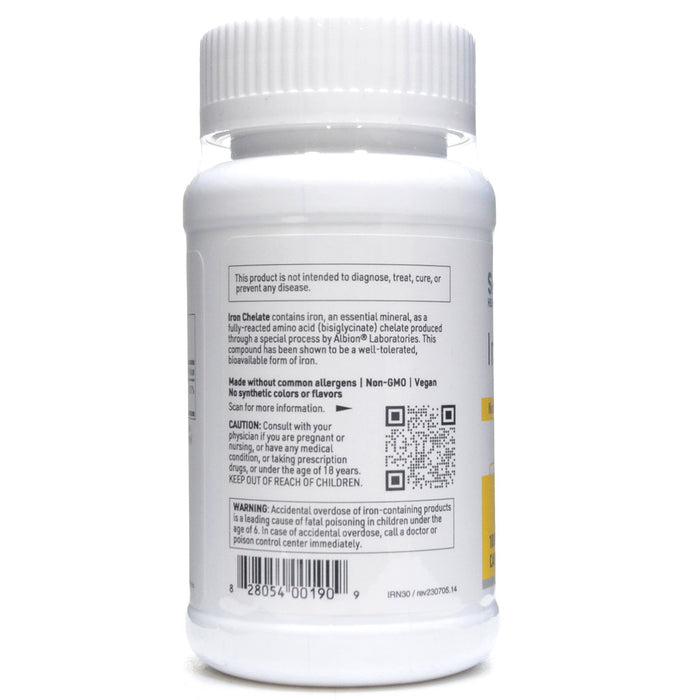 Klaire Labs/SFI Health Iron Chelate 30 mg 100 capsules label information panel