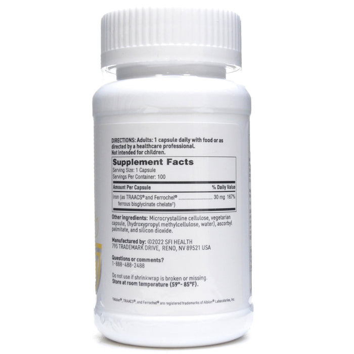 Klaire Labs/SFI Health Iron Chelate 30 mg 100 capsules supplement facts label