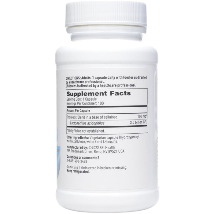 Klaire Labs/SFI Health L. Acidophilus SCD Compliant 100 capsules supplement facts label