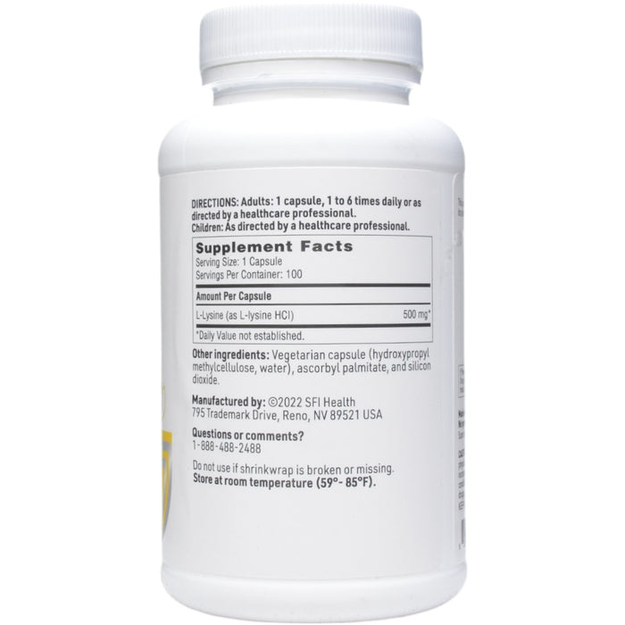 L-Lysine 500 mg 100 caps by Klaire Labs/SFI Health, Supplement Facts label