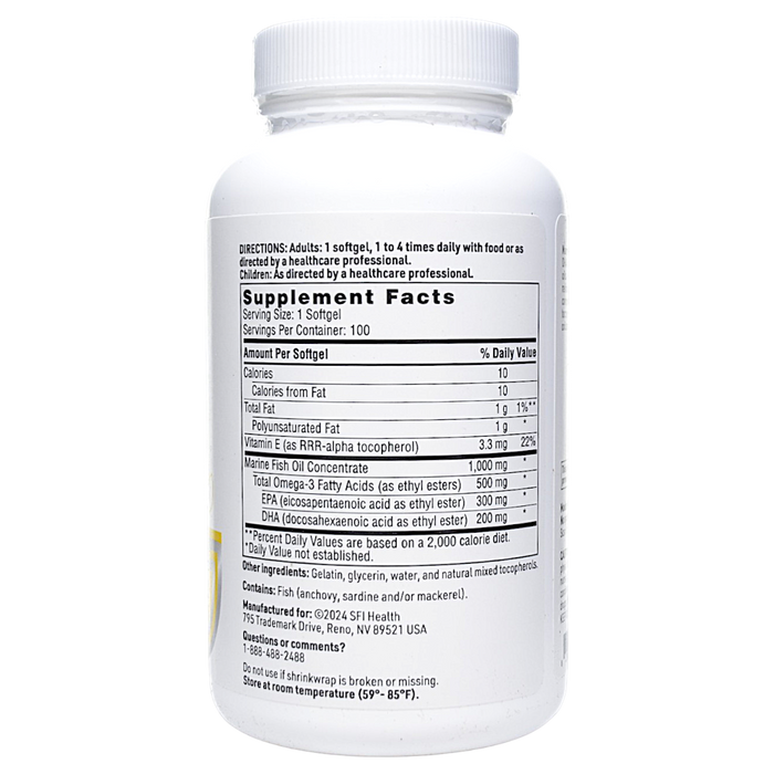 Marine Fish Oil 100 gels by Klaire Labs/SFI Health, Supplement Facts label