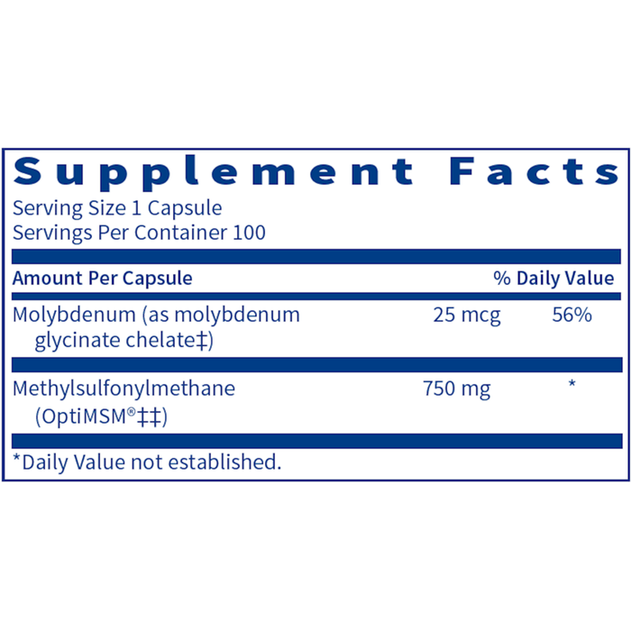 MSM 750 100 caps by Klaire Labs/SFI Health, Supplement Facts label