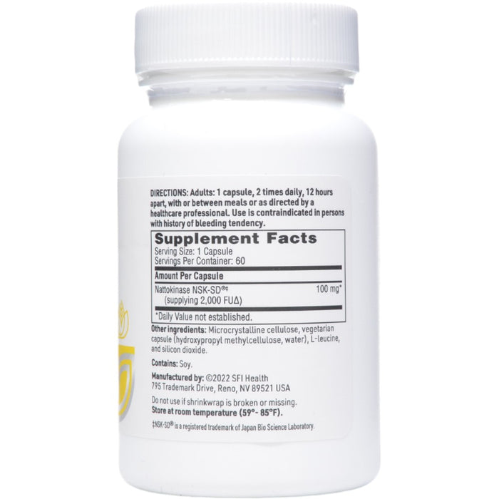 Nattokinase NSK-SD 60 caps by Klaire Labs/SFI Health, Supplement Facts label