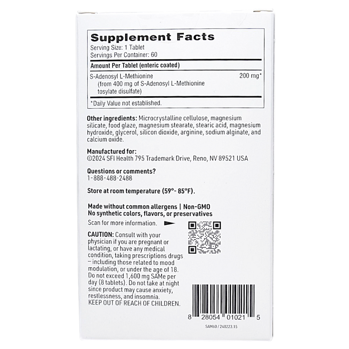 SAMe 200 60 tabs by Klaire Labs/SFI Health, Supplement Facts label