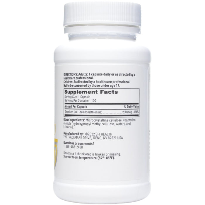 Klaire Labs/SFI Health Seleno Met 200 mcg 100 capsules supplement facts label