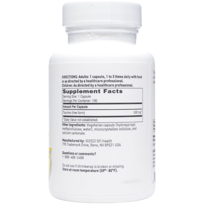 Klaire Labs/SFI Health Taurine 500 mg 100 capsules supplement facts label