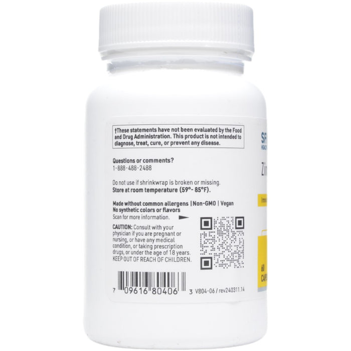 Klaire Labs/SFI Health Zinc Plus 60 capsules label information panel
