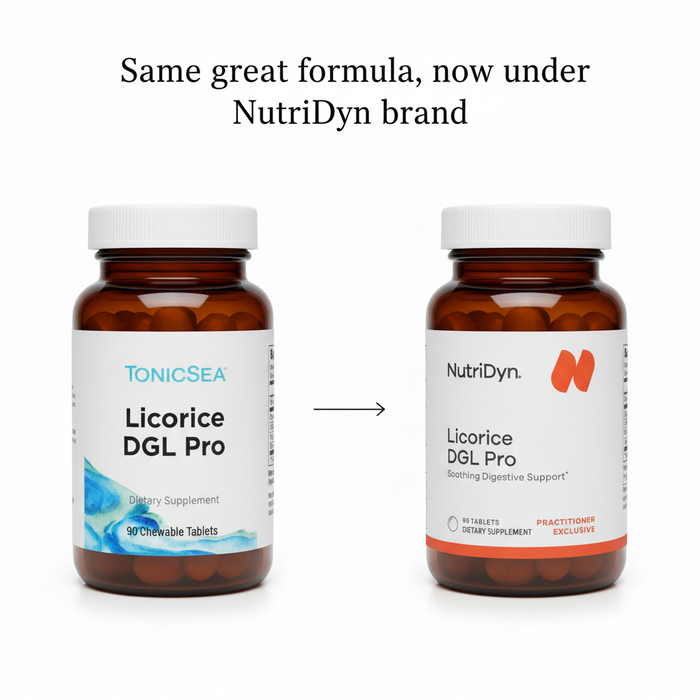Two bottles of Licorice DGL Pro dietary supplements from TonicSea and NutriDyn on a white background.