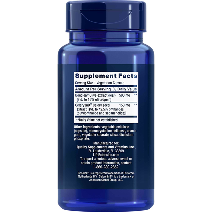 Life Extension Advanced Olive Leaf Vascular Support 60 capsules supplement facts label