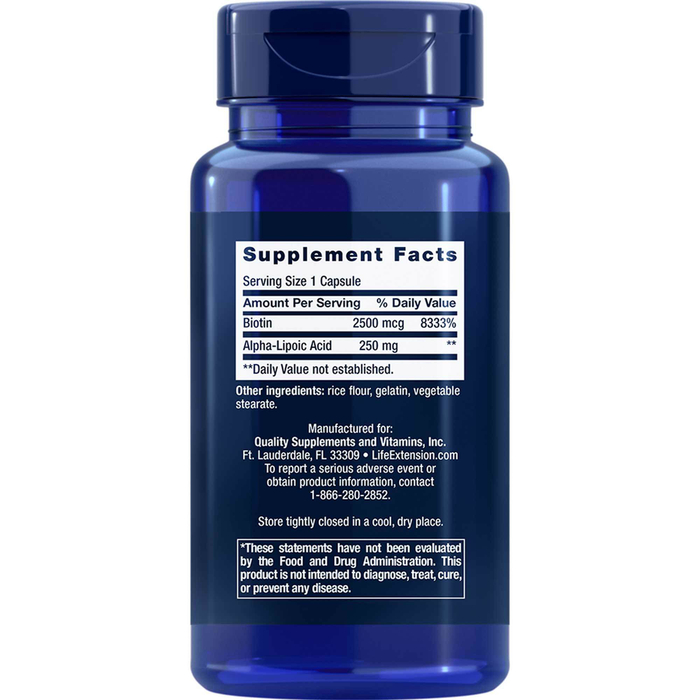 Life Extension Alpha-Lipoic Acid with Biotin 60 capsules supplement facts label