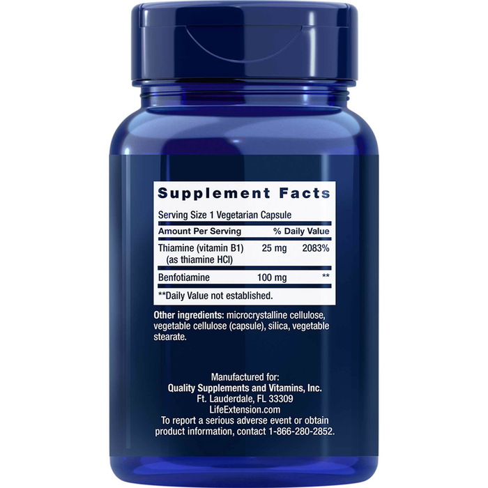 Life Extension Benfotiamine with Thiamine 120 capsules supplement facts label