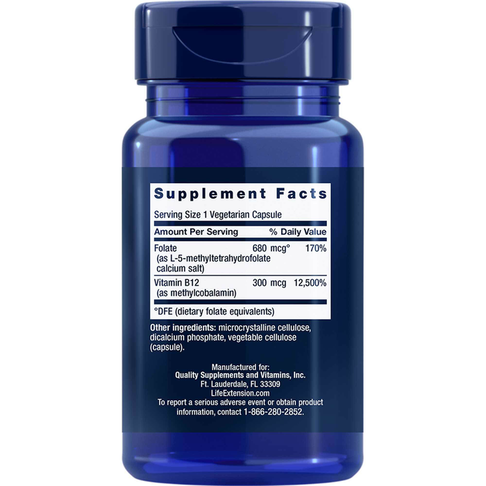 Life Extension BioActive Folate and Vitamin B12 90 capsules supplement facts label