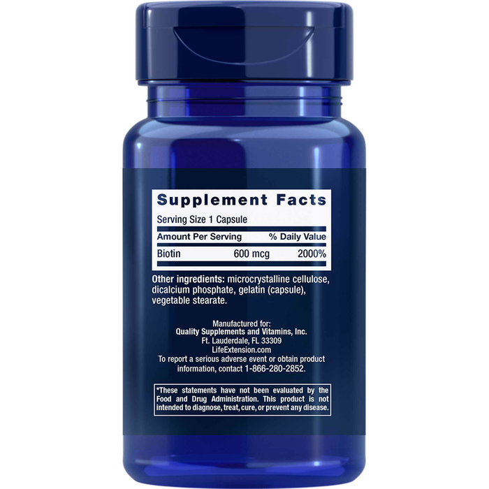 Life Extension Biotin 600 mcg 100 capsules supplement facts label