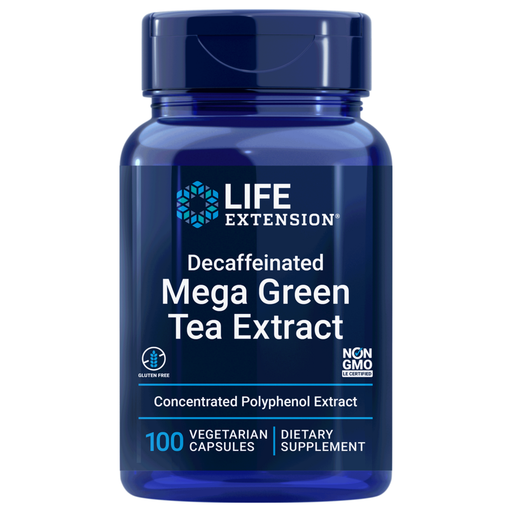 Life Extension Decaffeinated Mega Green Tea Extract 725 mg, 100 capsules, front of bottle
