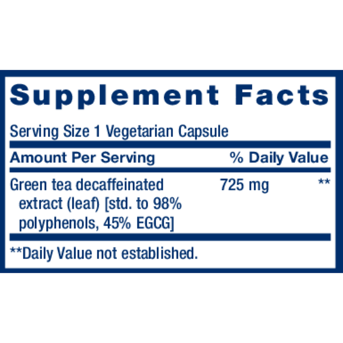 Life Extension Decaffeinated Mega Green Tea Extract 725 mg 100 capsules supplement facts label