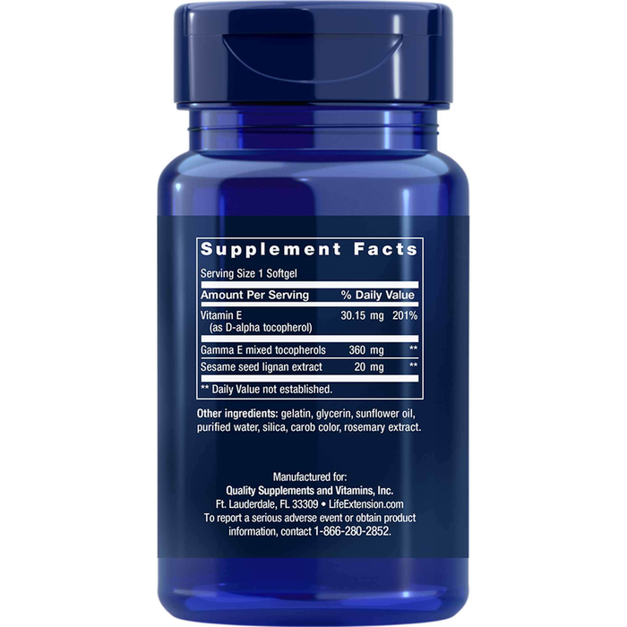 Life Extension Gamma E Mixed Tocopherols 60 softgels supplement facts label